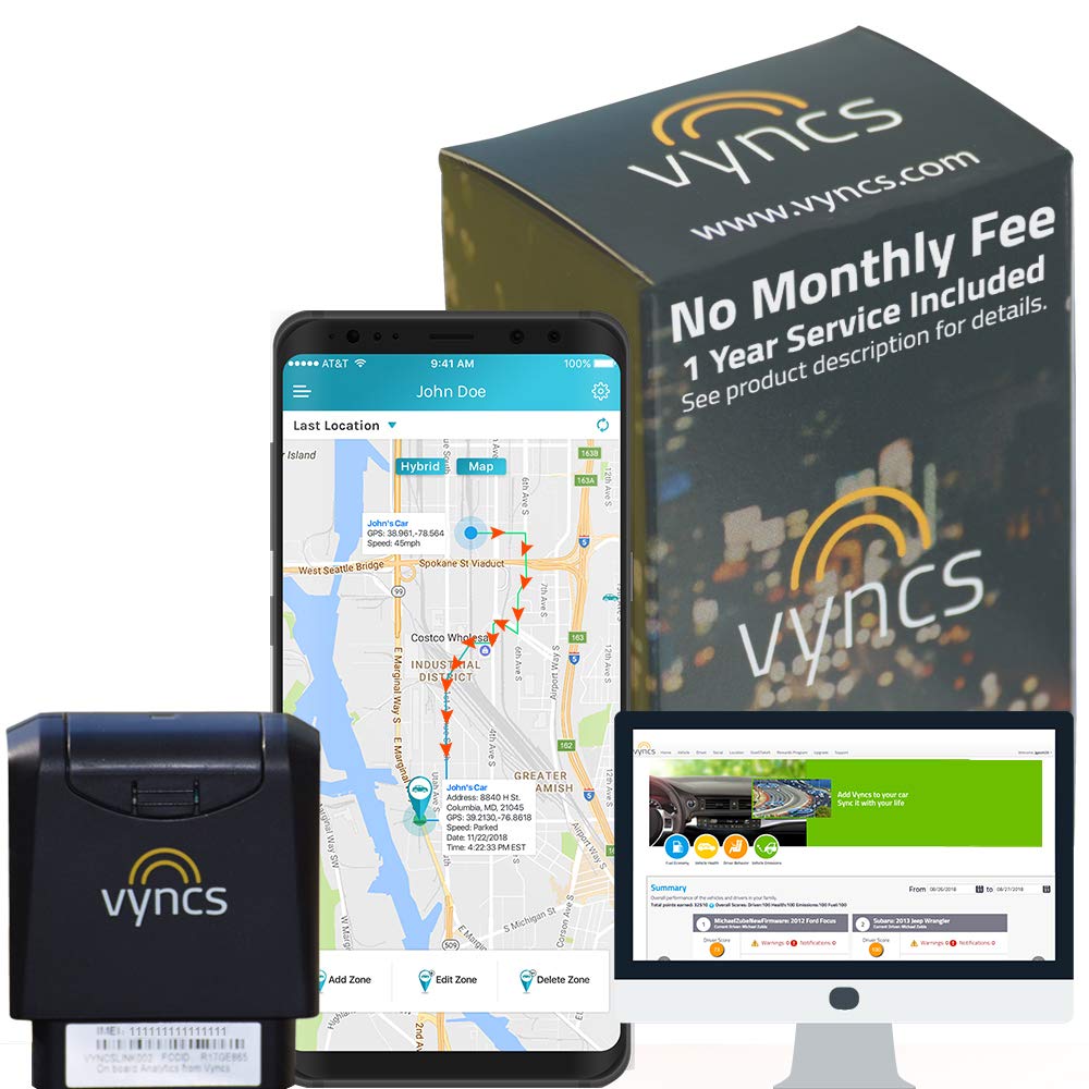 GPS Tracker Vyncs No Monthly Fee OBD Real Time 3G Car GPS Tracking Trips Free 1 Year Data Plan