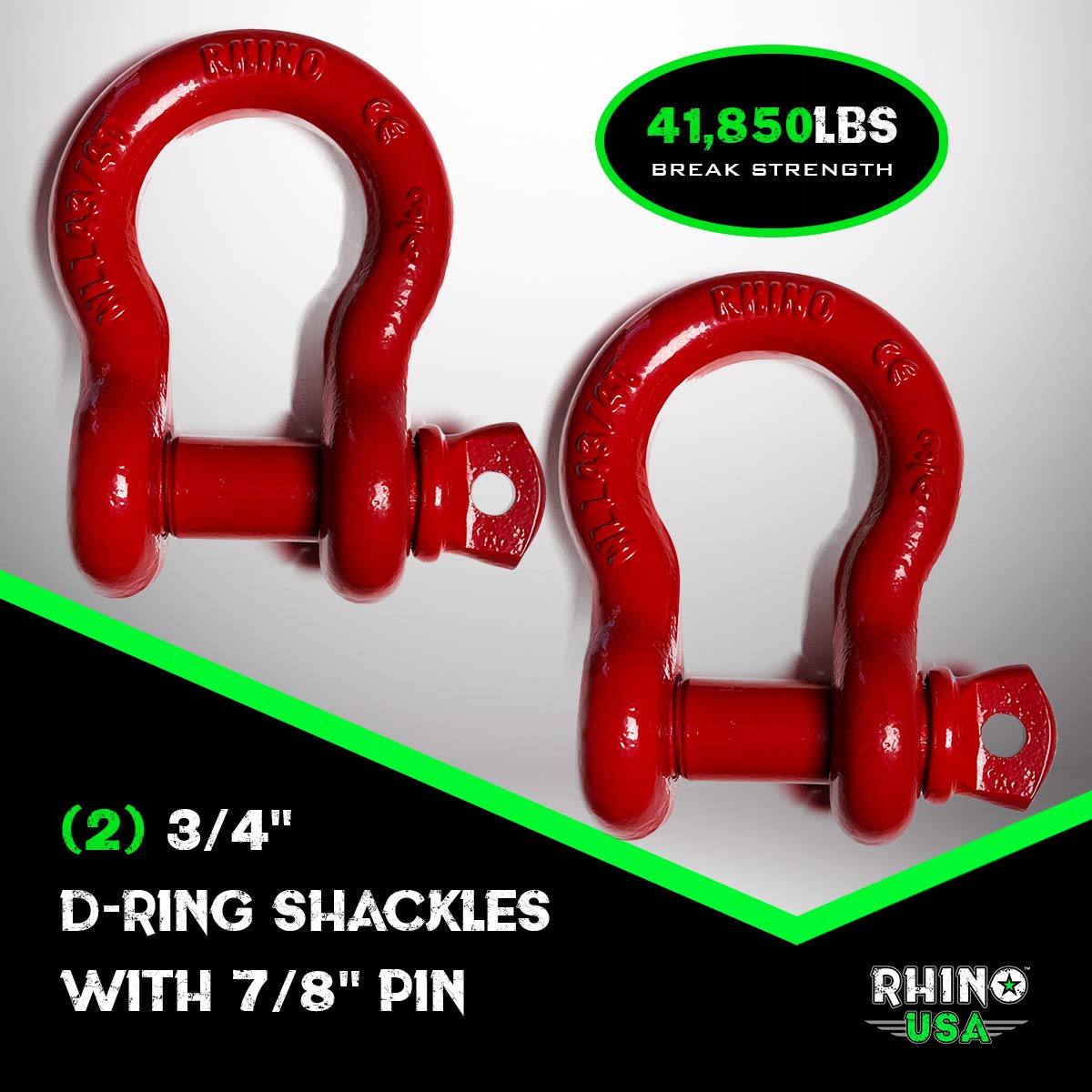 Rhino USA D Ring Shackle (2 Pack) 41,850lb Break Strength – 3/4” Shackle with 7/8 Pin for use with Tow Strap