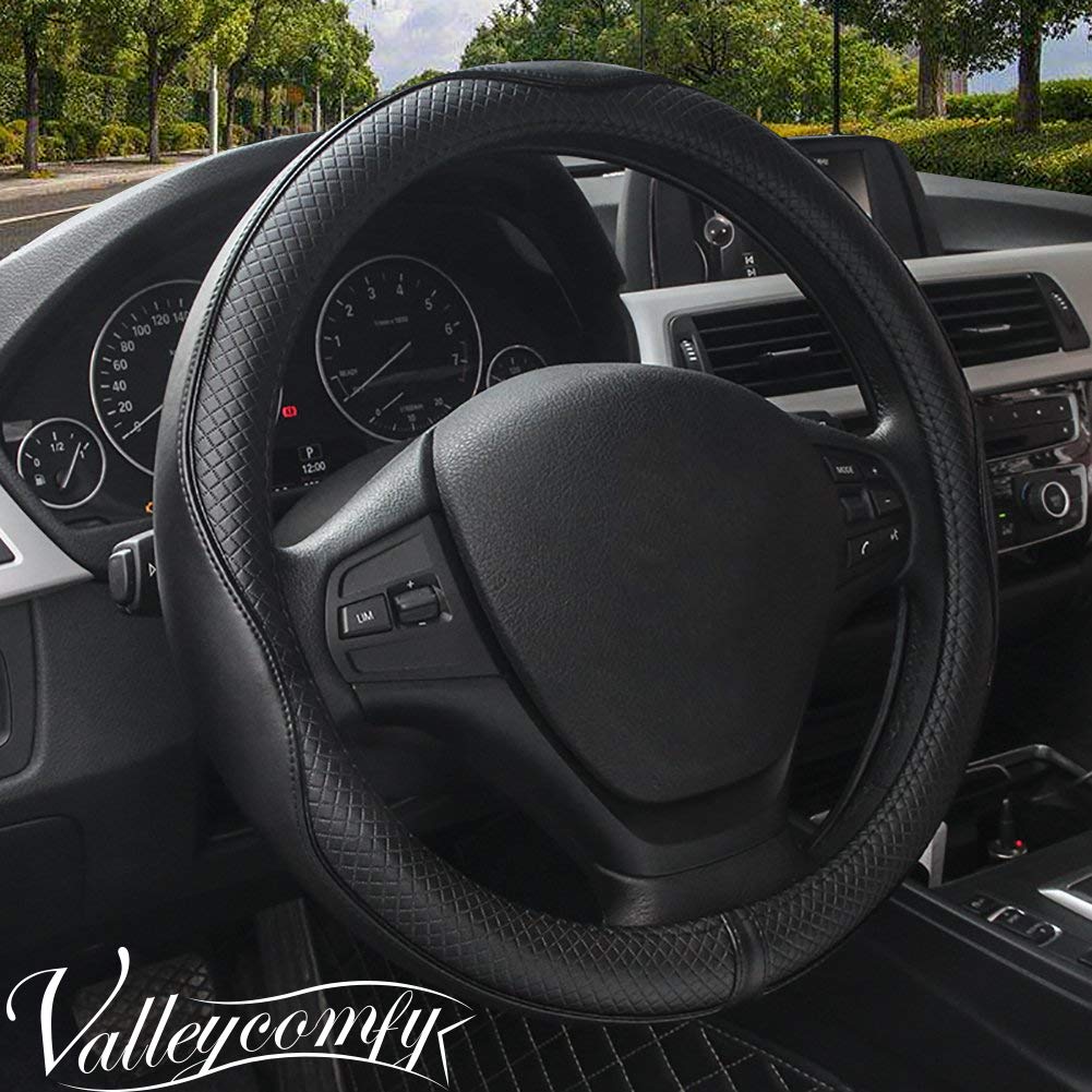 Valleycomfy Steering Wheel Covers Universal 15 inch- Genuine Leather,Breathable, Anti Slip & Odor Free