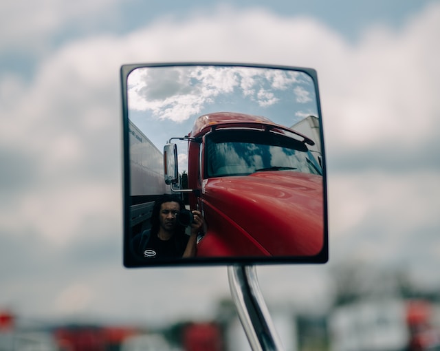 a truck's rear view mirror